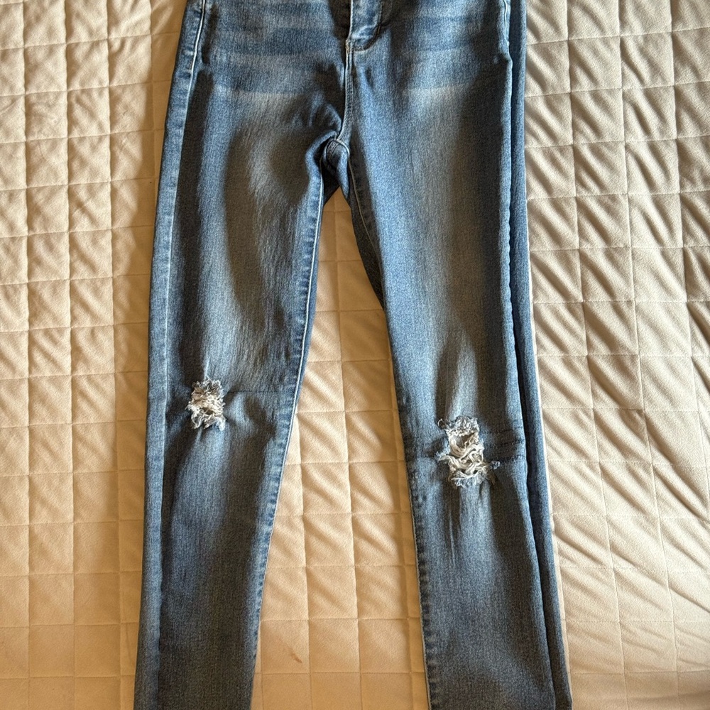 Blue Skinny Distressed Jeans with Raw Hem